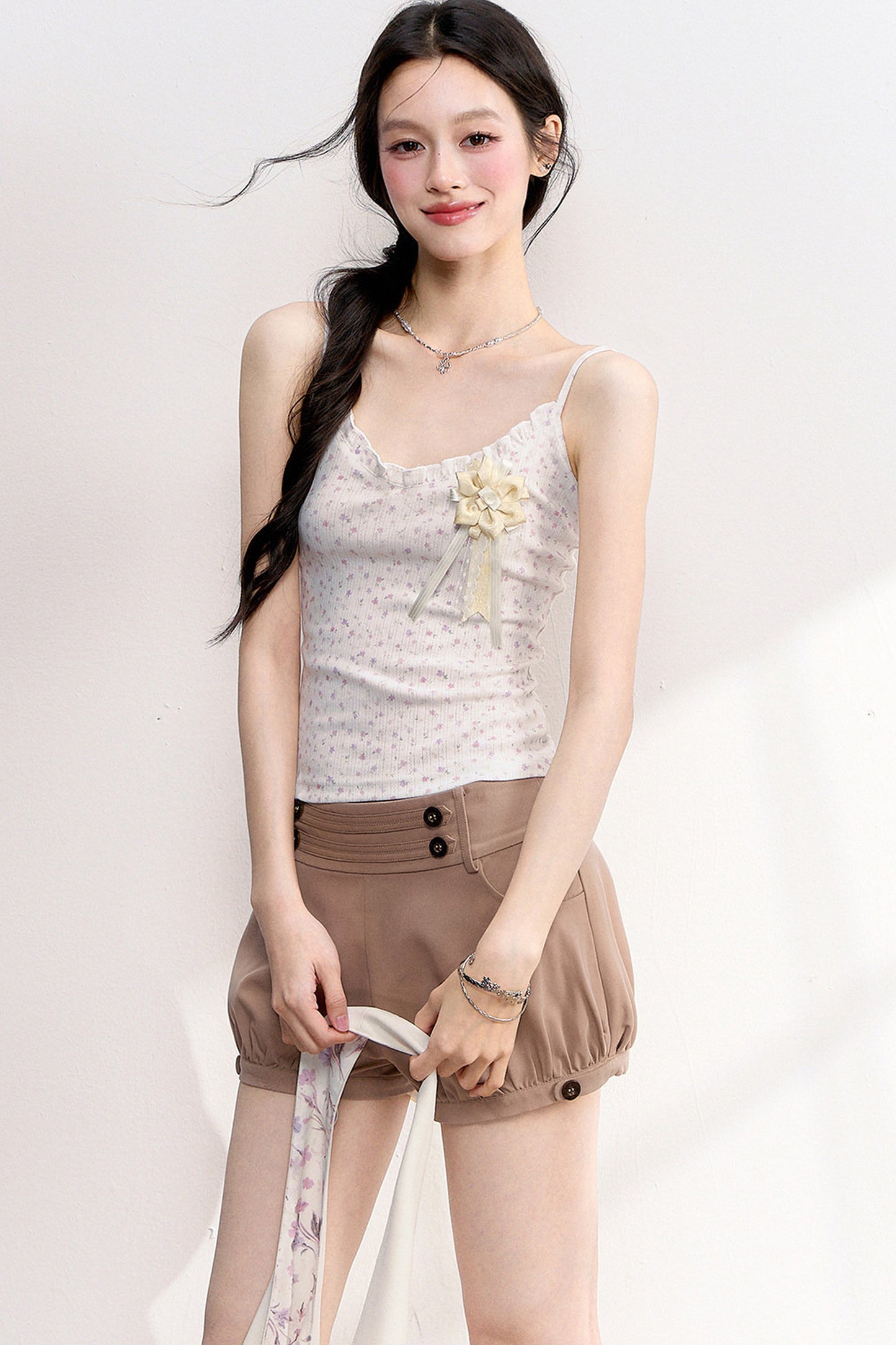 Pink Purple Floral Camisole Top Cardigan Set