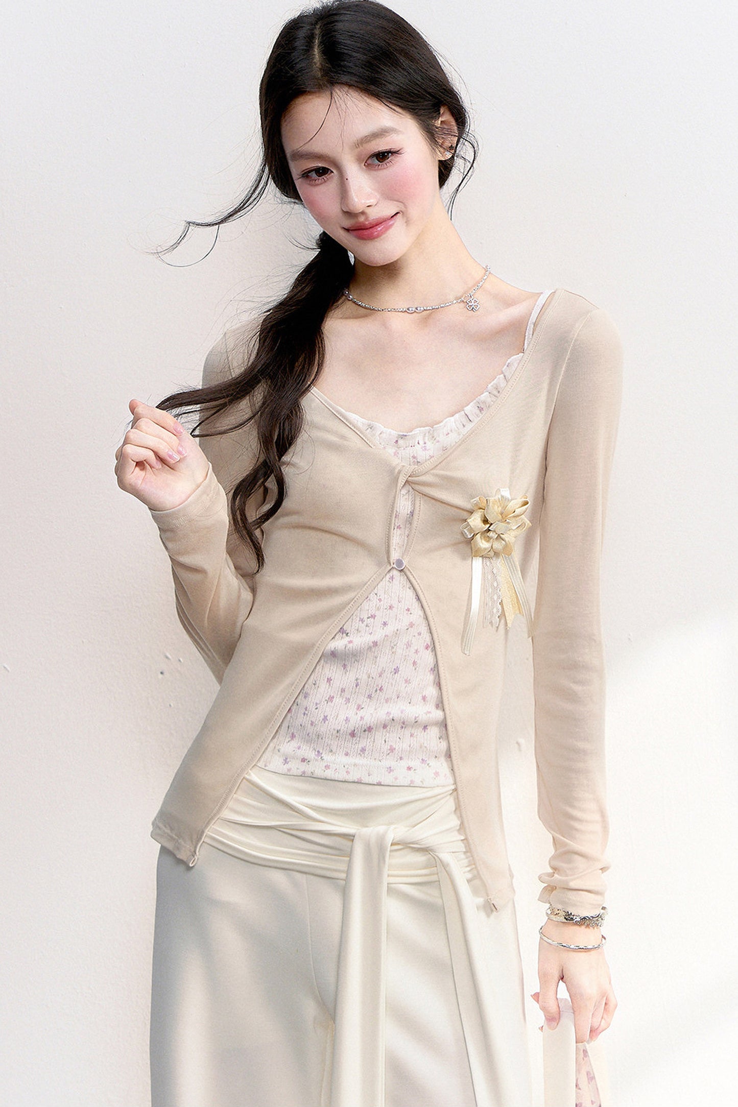 Pink Purple Floral Camisole Top Cardigan Set
