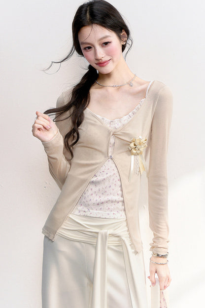 Pink Purple Floral Camisole Top Cardigan Set