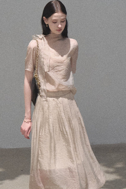 Short-Sleeved Chiffon Blouse and Pleated Mesh Skirt Set-Up