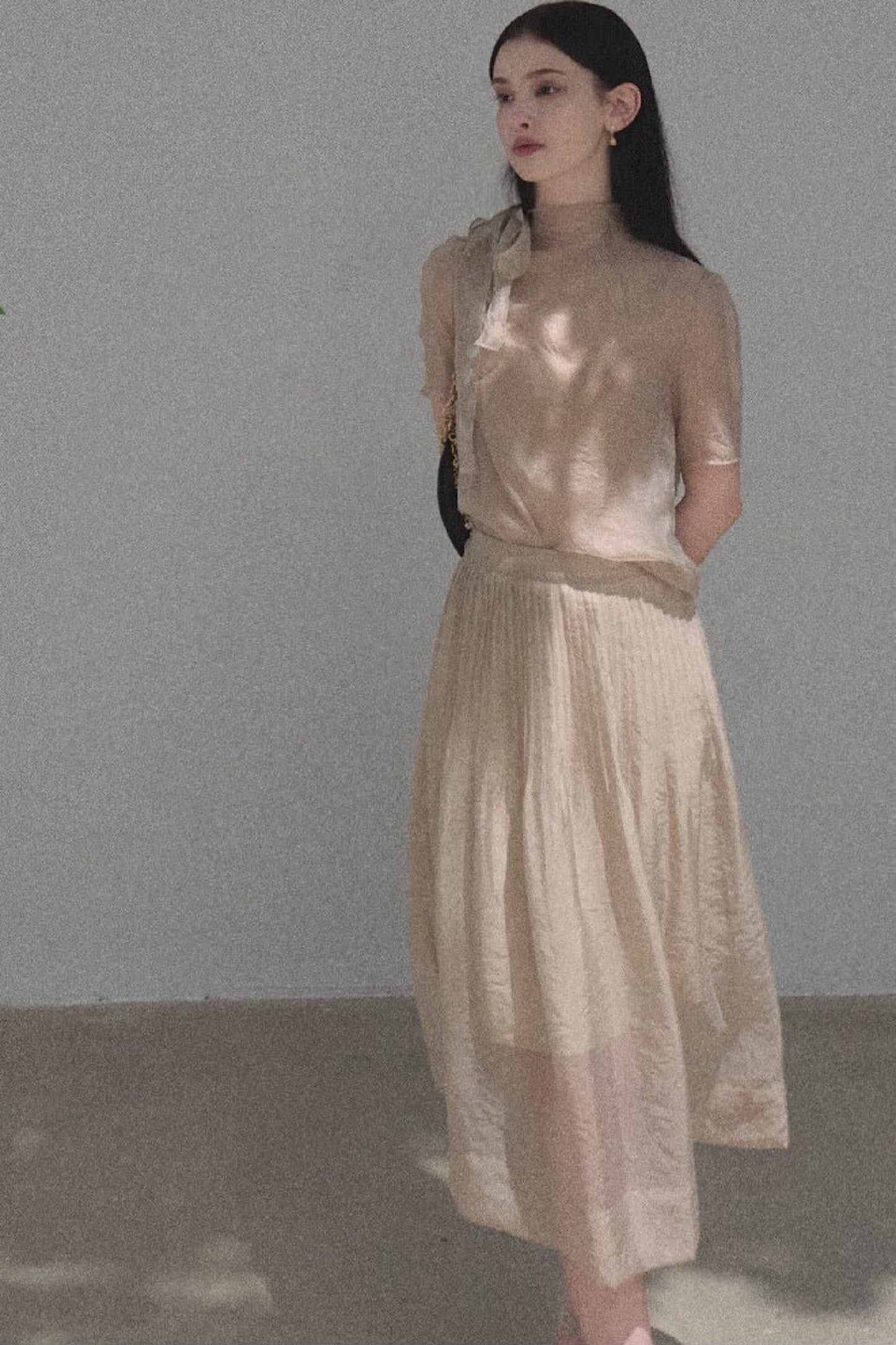 Short-Sleeved Chiffon Blouse and Pleated Mesh Skirt Set-Up