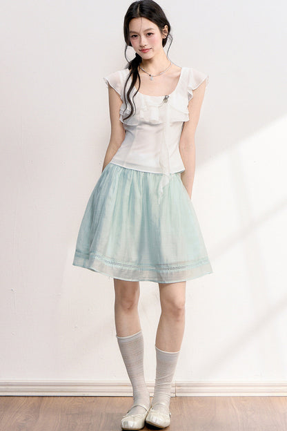Lace Flutter Sleeve Ribbon Blouse