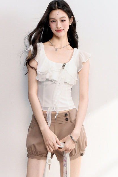 Lace Flutter Sleeve Ribbon Blouse