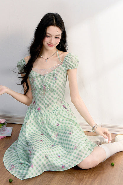 Mint Green Plaid Floral Lace Dress