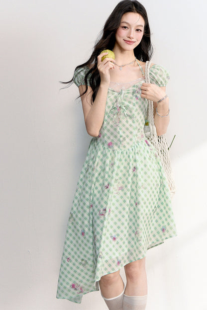Mint Green Plaid Floral Lace Dress