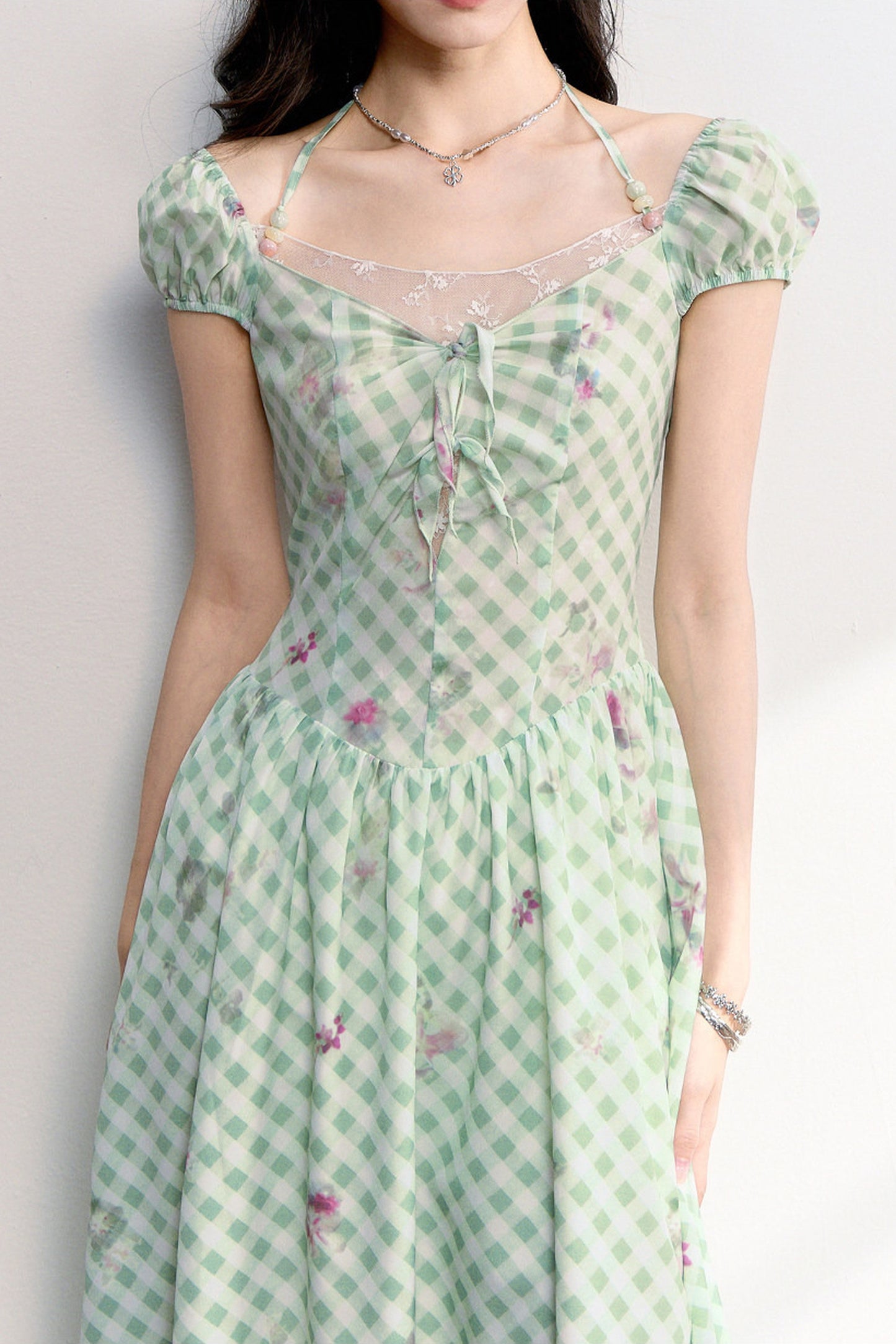 Mint Green Plaid Floral Lace Dress