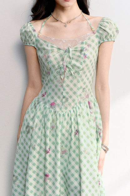 Mint Green Plaid Floral Lace Dress