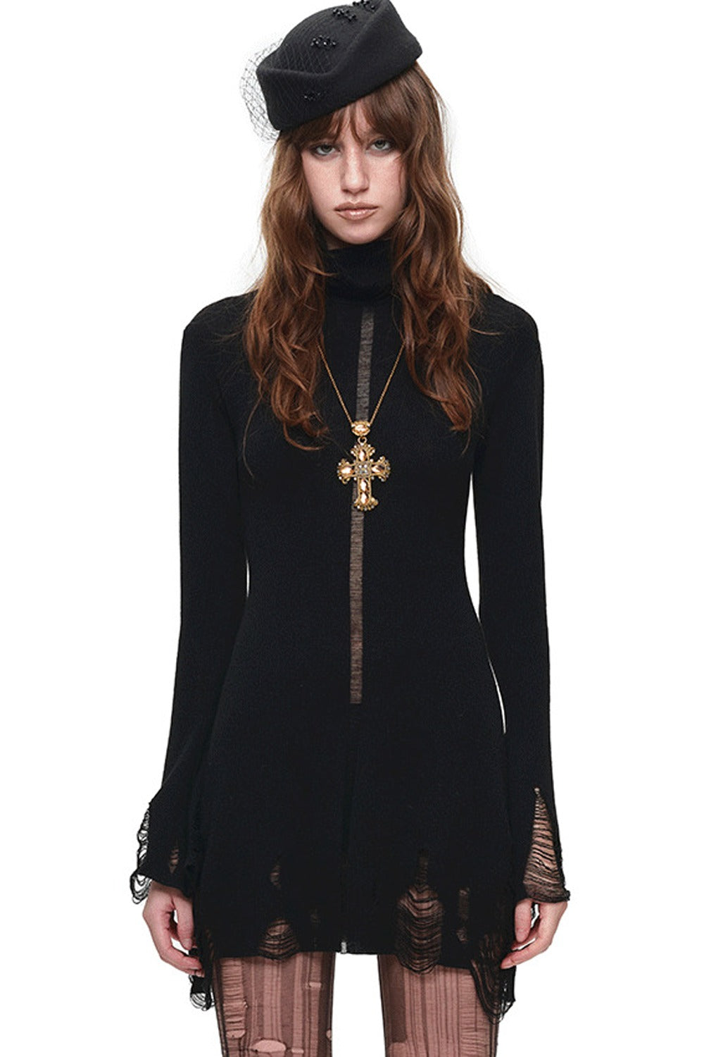 Distressed High-Neck Knit Dress