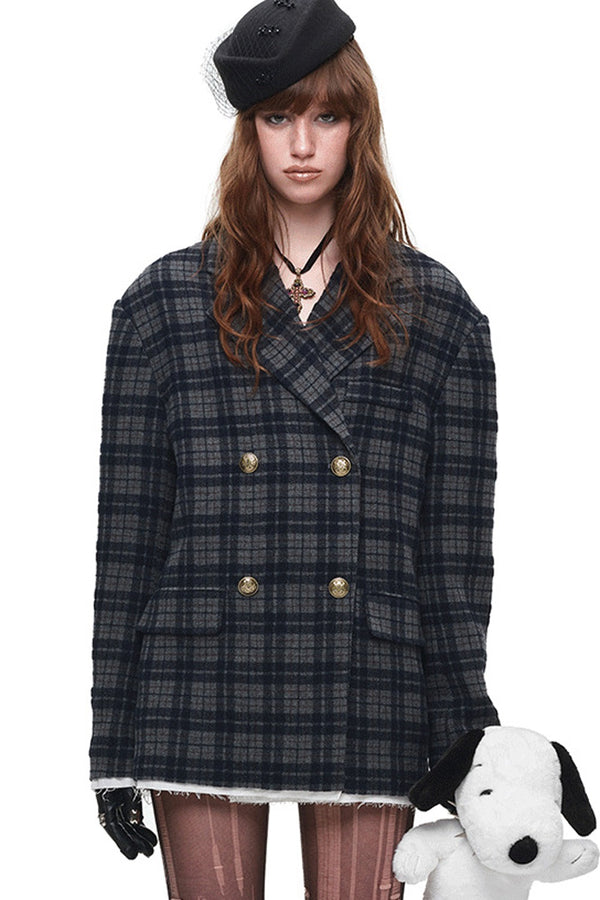 Plaid Wool Double Breasted Coat
