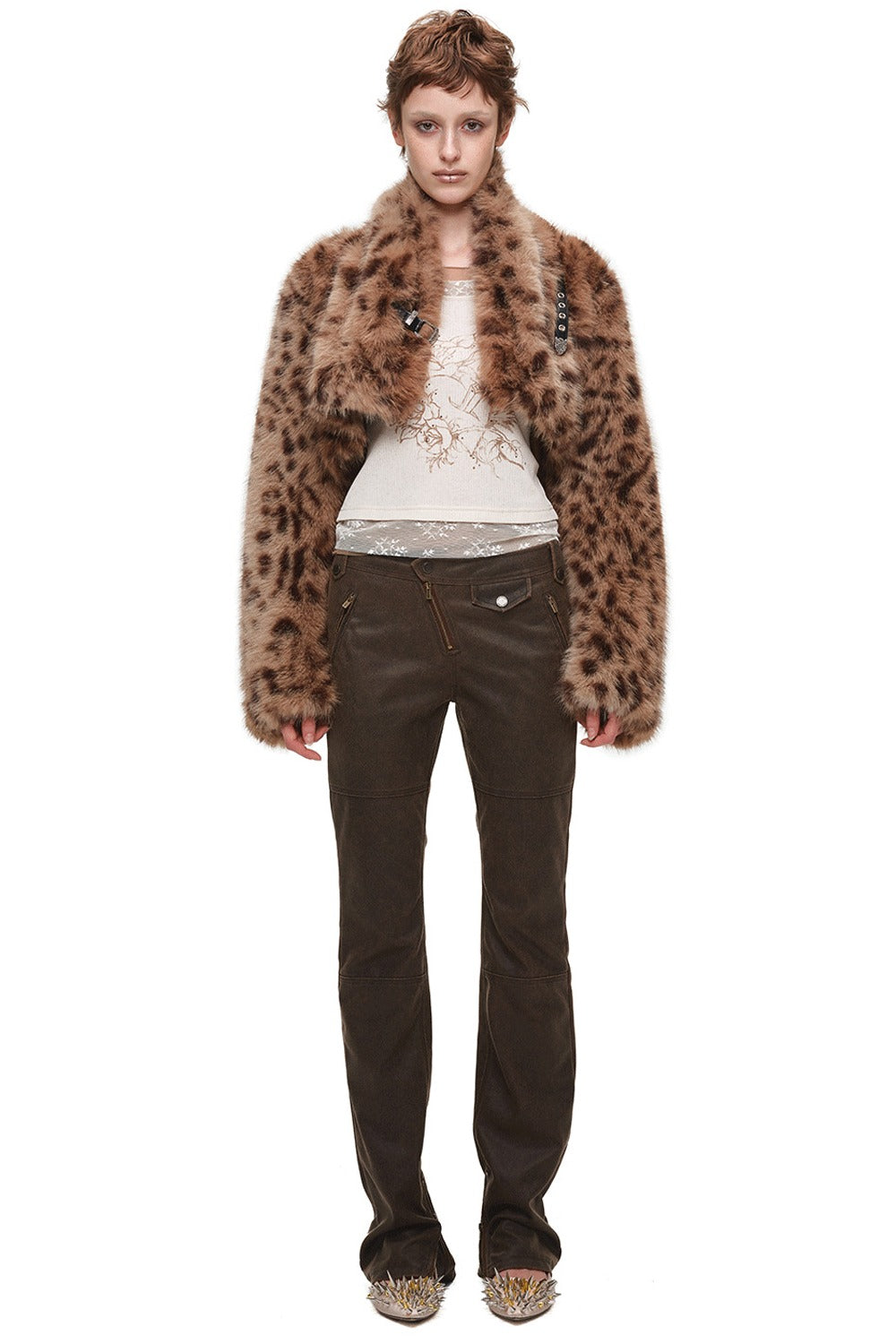 Belted Long Sleeve Leopard Fur Coat