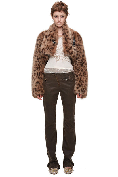 Belted Long Sleeve Leopard Fur Coat