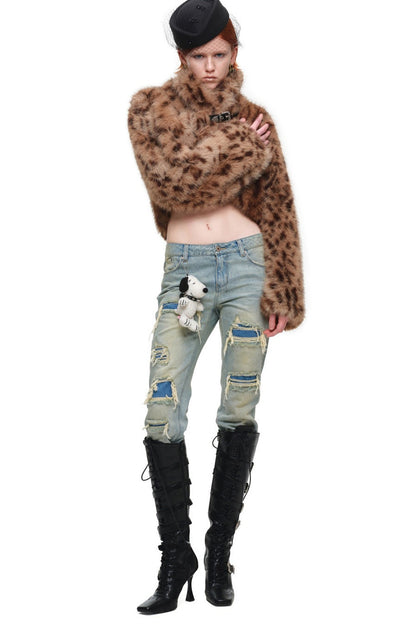 Belted Long Sleeve Leopard Fur Coat