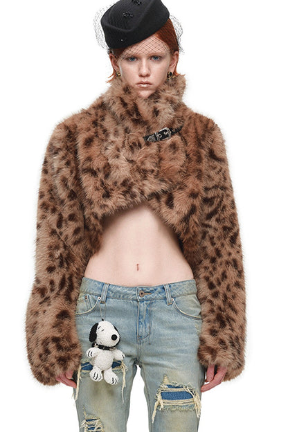 Belted Long Sleeve Leopard Fur Coat