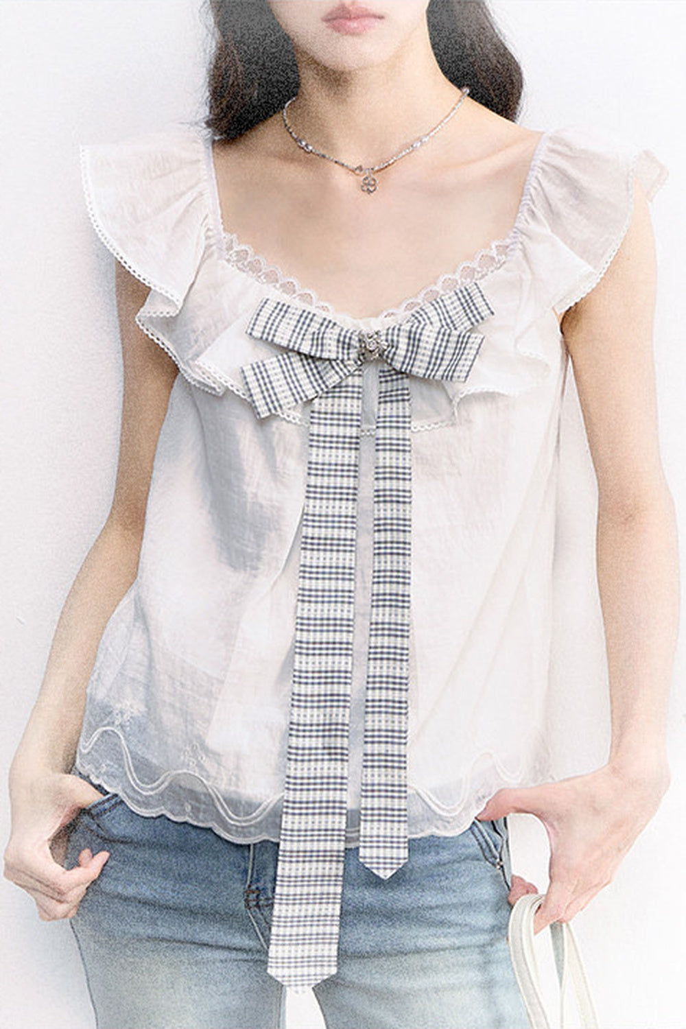 Ruffled Flutter Sleeve Plaid Bow Top