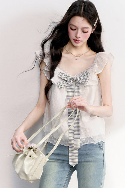 Ruffled Flutter Sleeve Plaid Bow Top