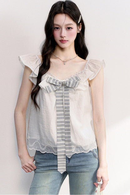 Ruffled Flutter Sleeve Plaid Bow Top