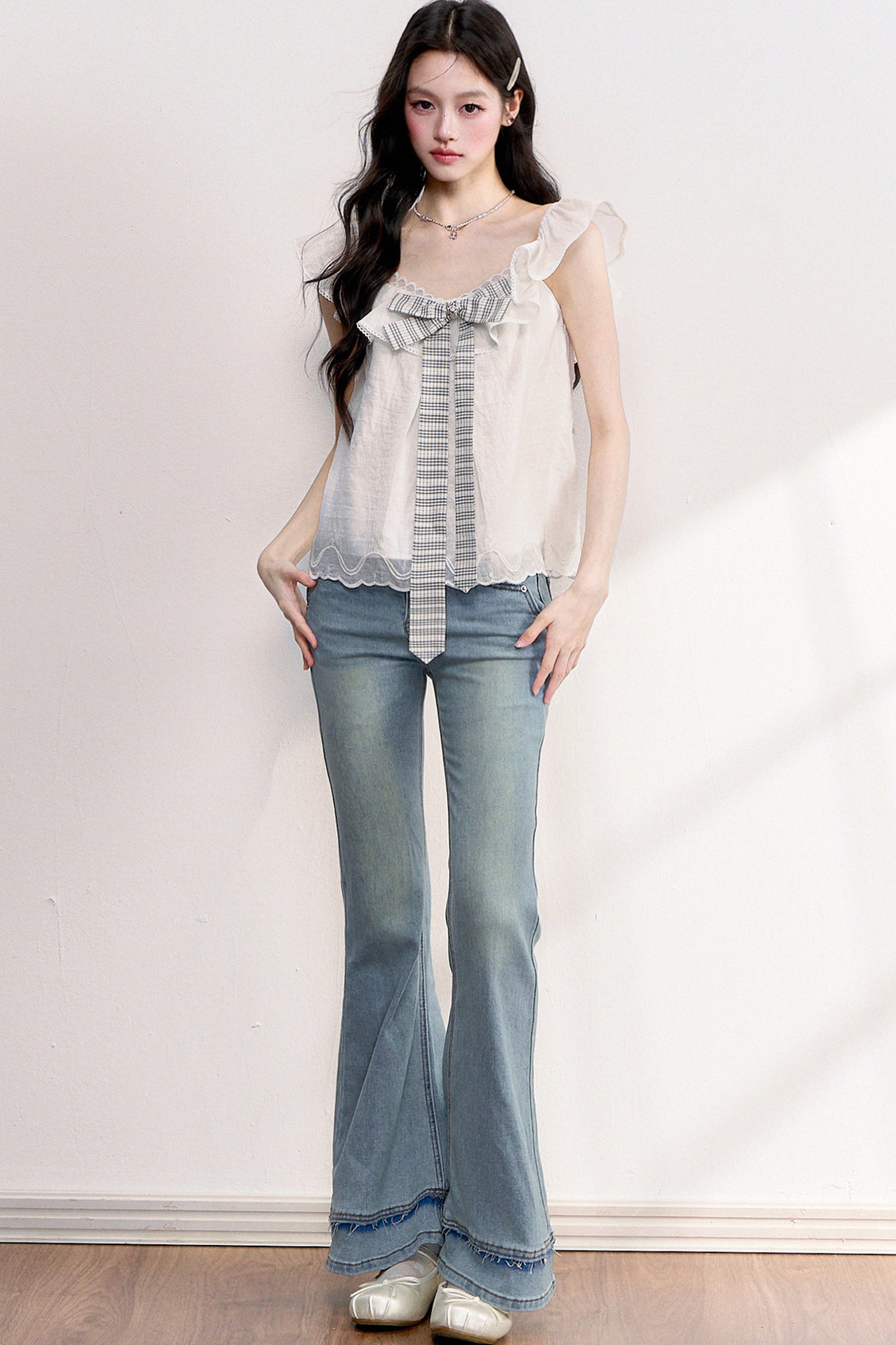Ruffled Flutter Sleeve Plaid Bow Top