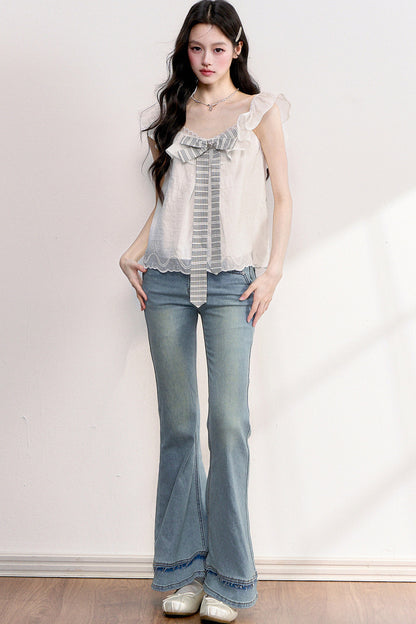 Ruffled Flutter Sleeve Plaid Bow Top