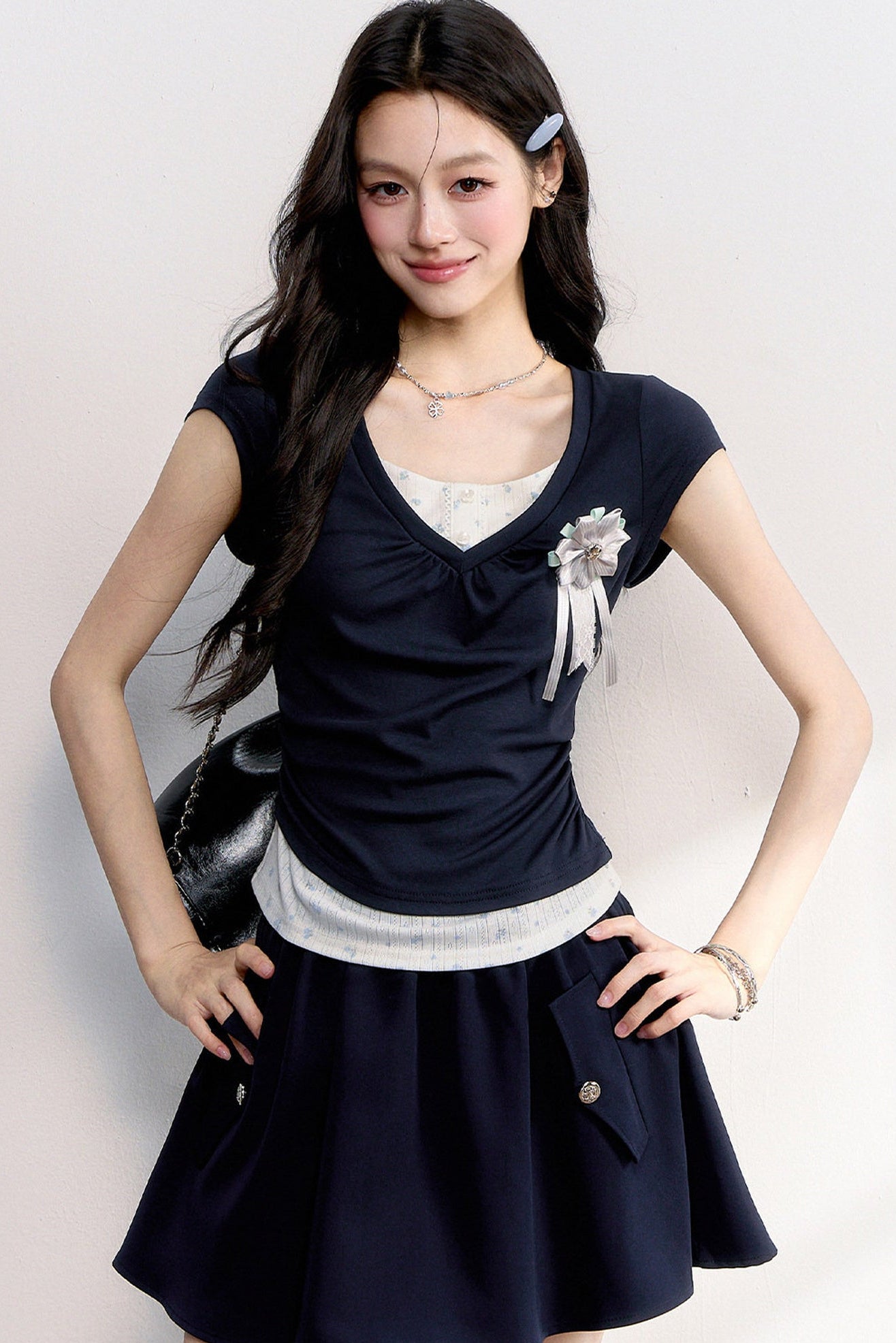 Floral Ruched Fake Two-Piece T-Shirt