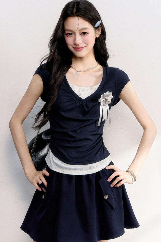 Floral Ruched Fake Two-Piece T-Shirt