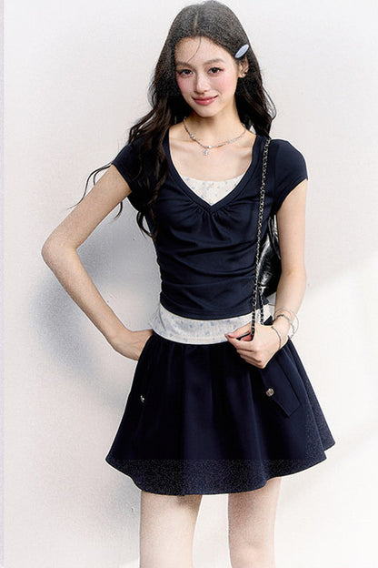 Floral Ruched Fake Two-Piece T-Shirt
