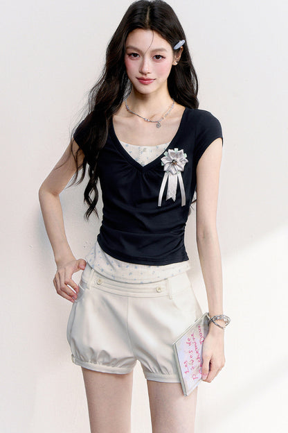 Floral Ruched Fake Two-Piece T-Shirt