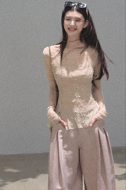 Silver Textured Knit Lace Top