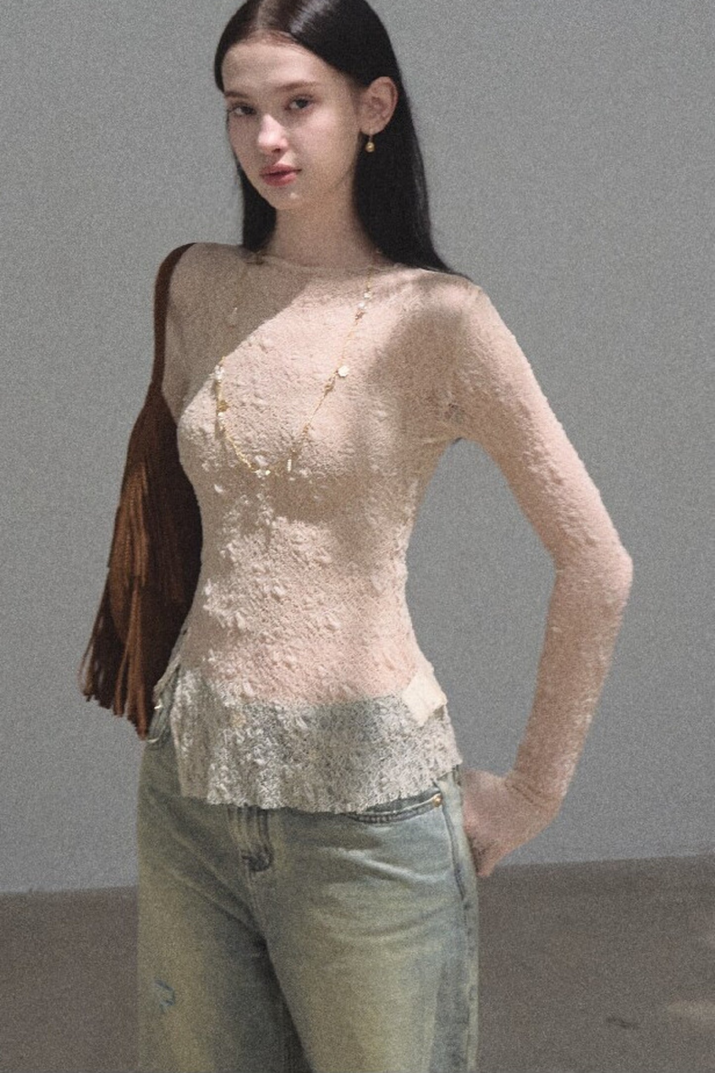 Silver Textured Knit Lace Top