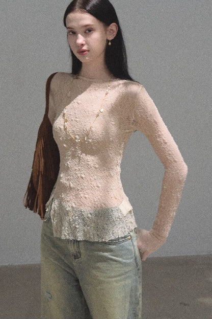 Silver Textured Knit Lace Top