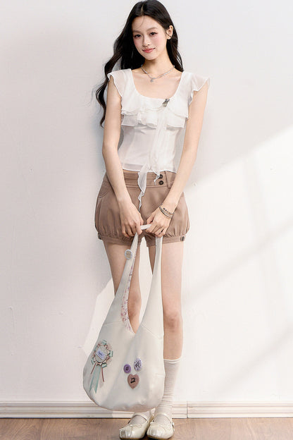 French Retro Buttoned Lantern Shorts