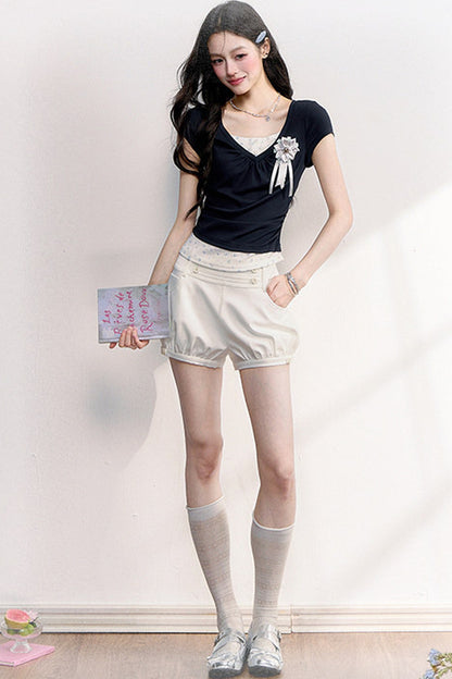 French Retro Buttoned Lantern Shorts