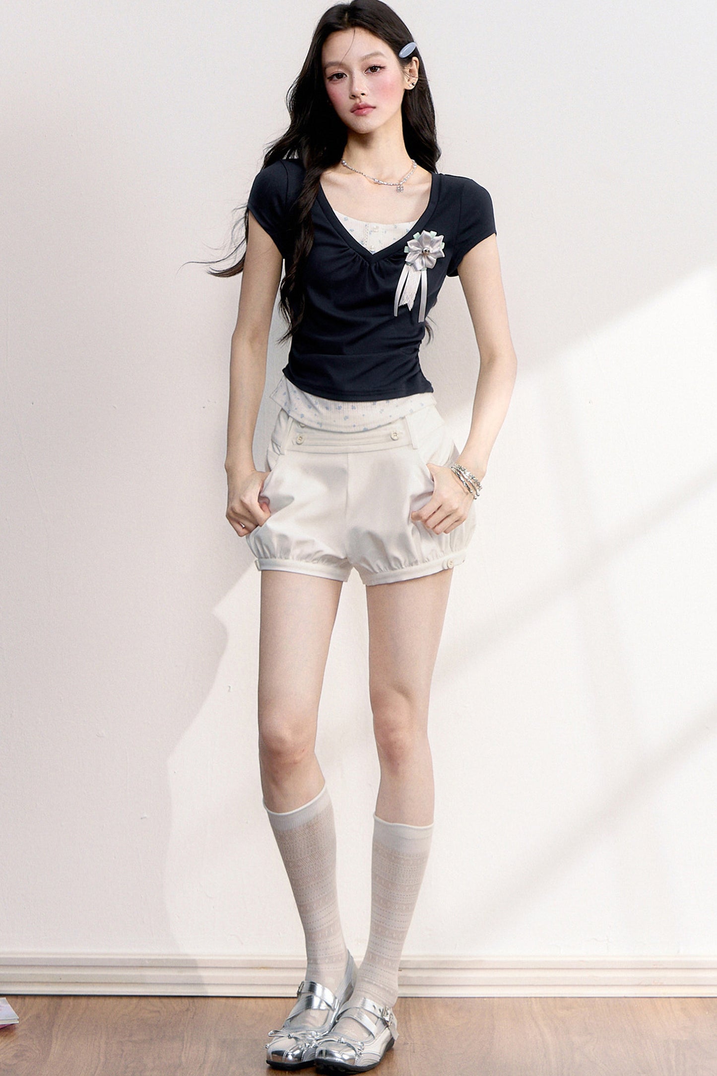 French Retro Buttoned Lantern Shorts