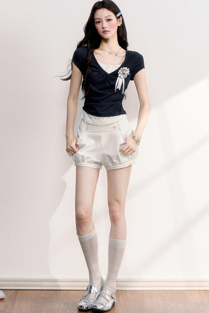 French Retro Buttoned Lantern Shorts