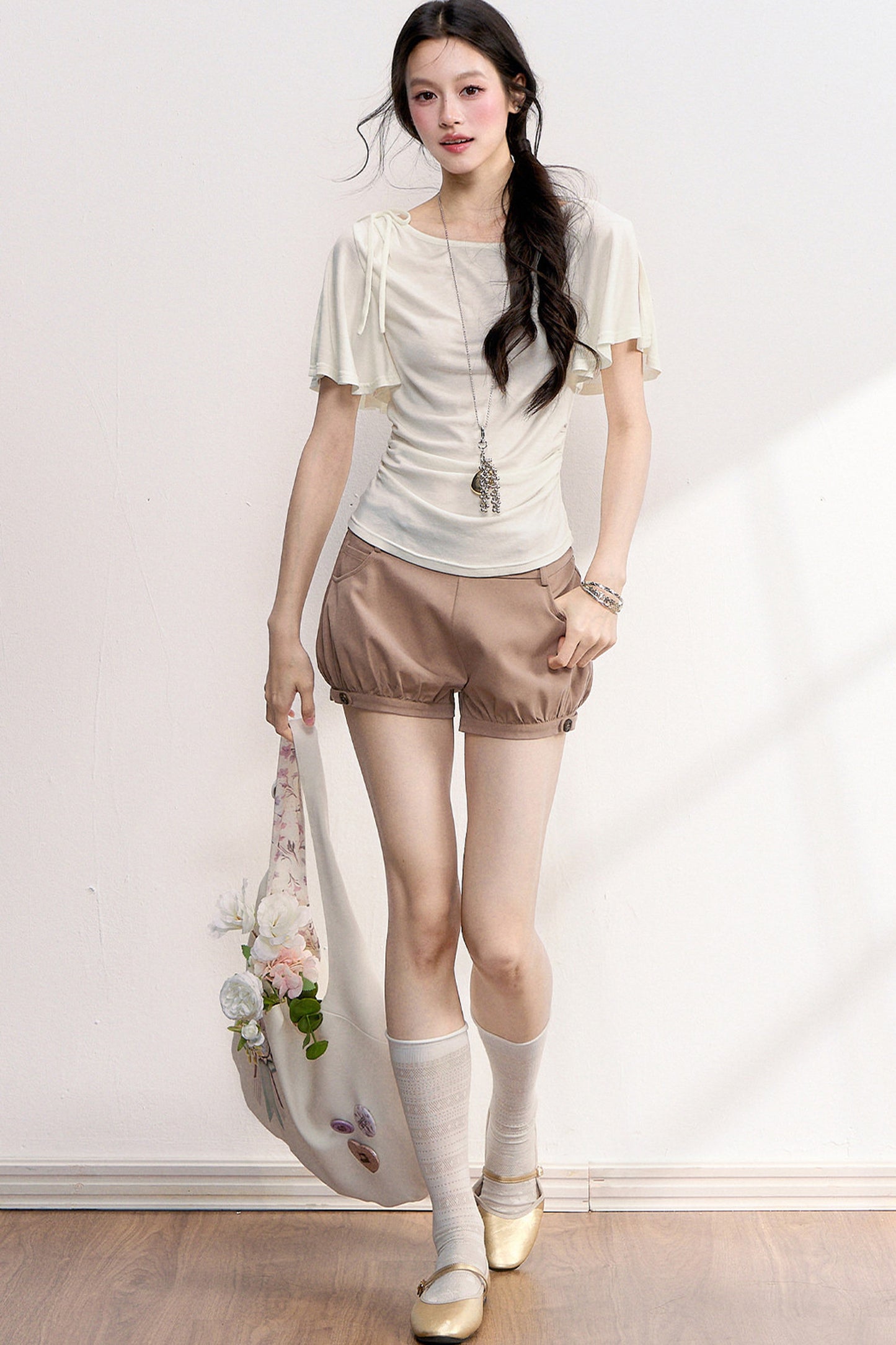 French Retro Buttoned Lantern Shorts