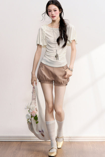 French Retro Buttoned Lantern Shorts