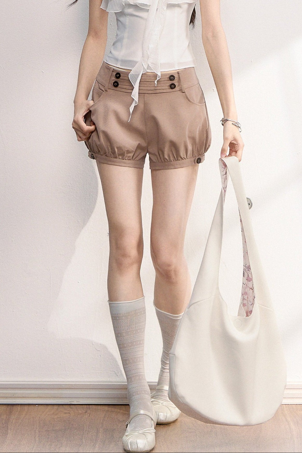 French Retro Buttoned Lantern Shorts