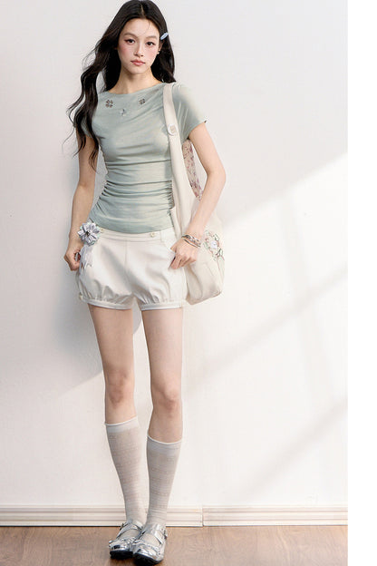 French Retro Buttoned Lantern Shorts