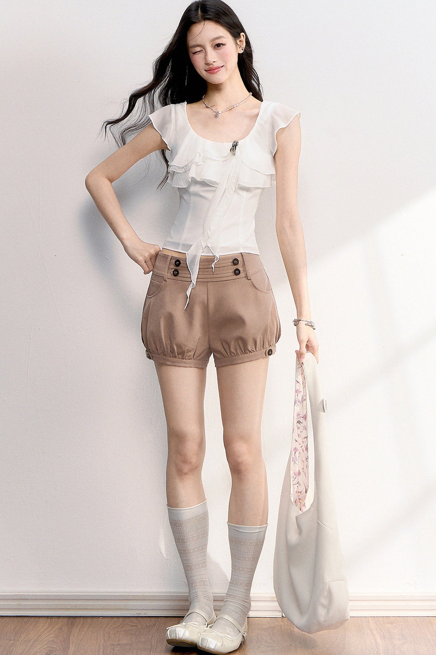 French Retro Buttoned Lantern Shorts