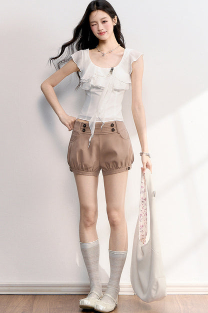 French Retro Buttoned Lantern Shorts