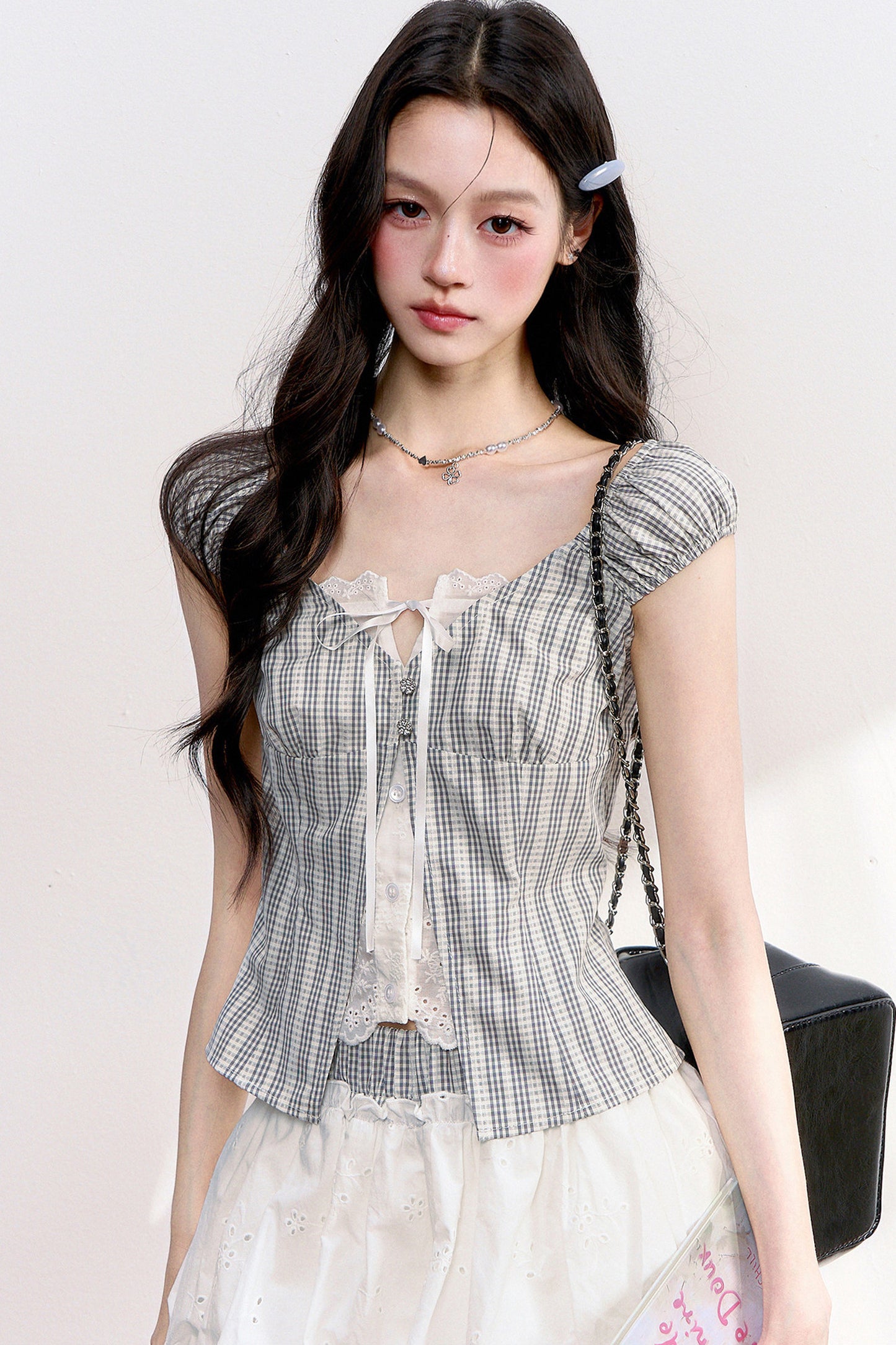 Plaid Lace Spliced Two-Piece Set-Up
