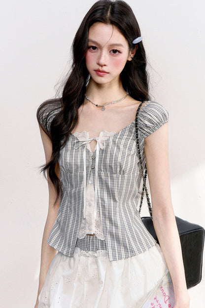 Plaid Lace Spliced Two-Piece Set-Up