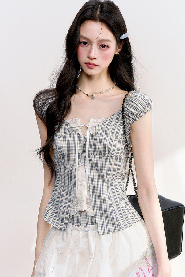Plaid Lace Spliced Two-Piece Set-Up