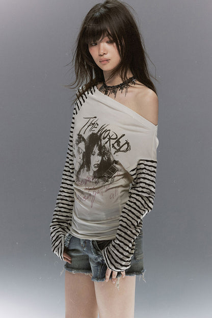 Punk Band Print Patchwork Striped Top
