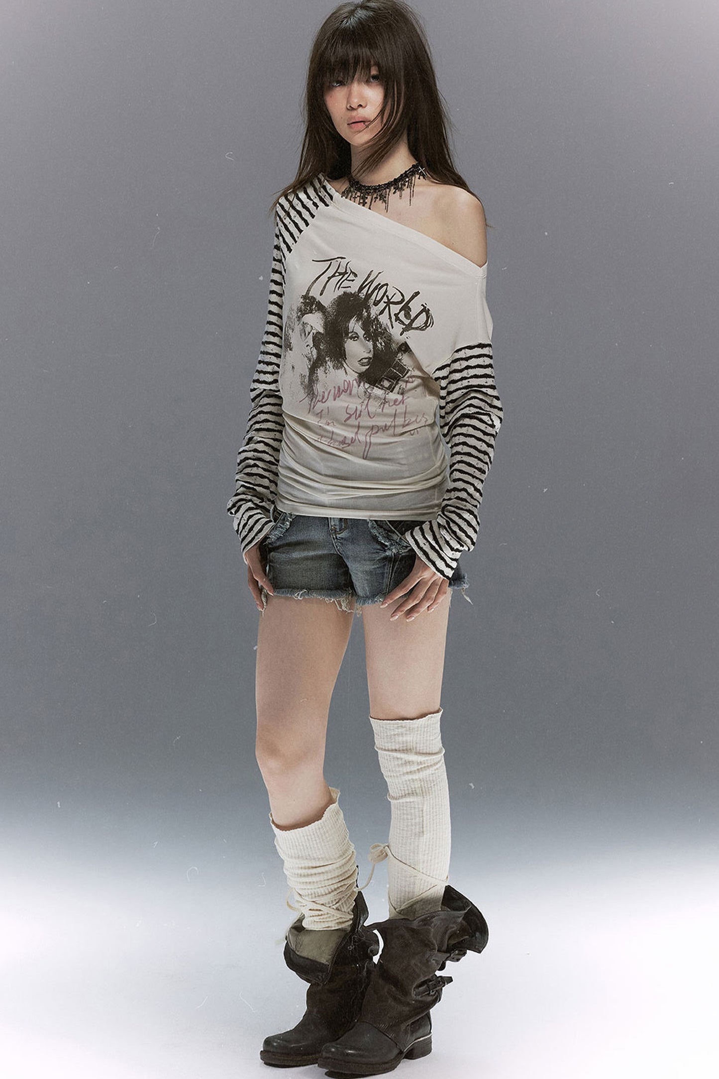 Punk Band Print Patchwork Striped Top