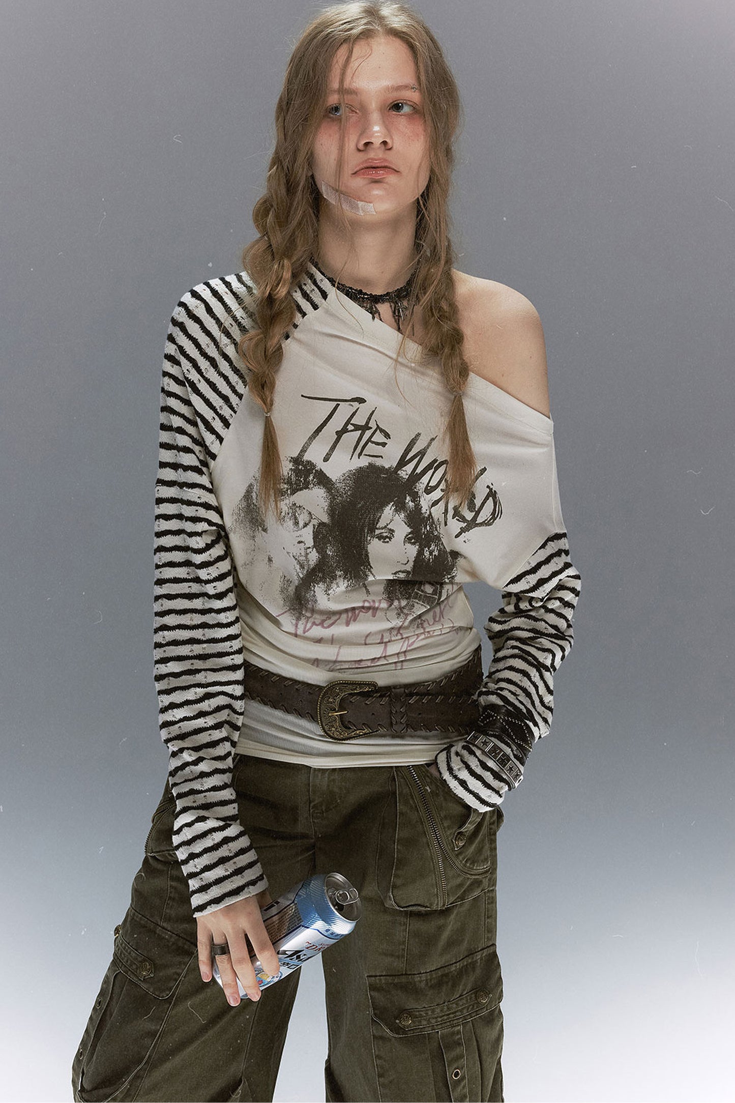 Punk Band Print Patchwork Striped Top