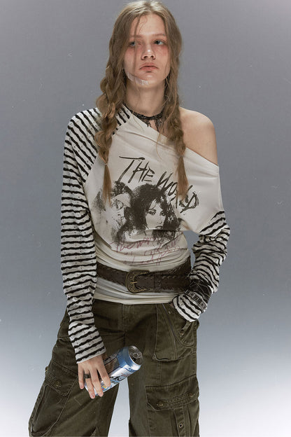 Punk Band Print Patchwork Striped Top