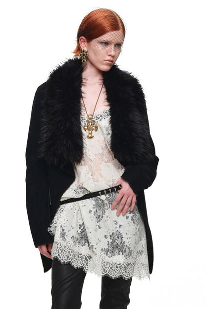 Suede Detachable Fur Collar Coat