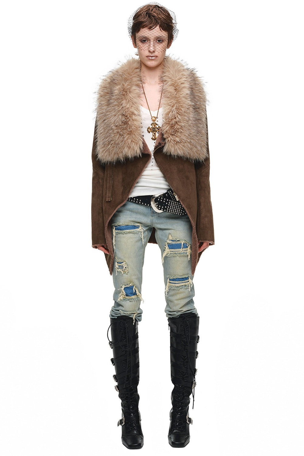 Suede Detachable Fur Collar Coat