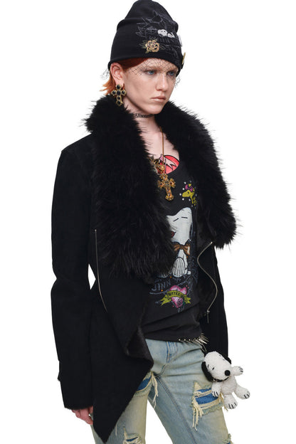 Suede Detachable Fur Collar Coat