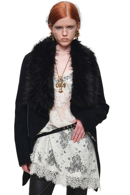Suede Detachable Fur Collar Coat